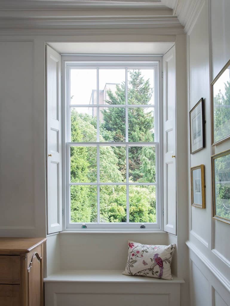 interior shot of an open white heritage sash window